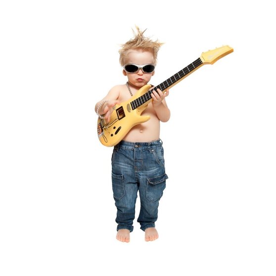 the boy in sunglasses plays an electric guitar