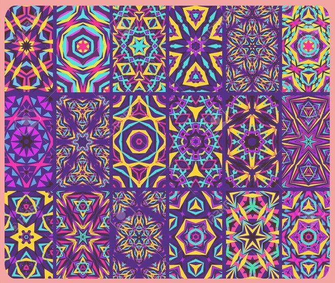 Kaleidoscopic Patterns Set. Abstract kaleidoscope flower patterns. Kaleidoscope vector backgrounds. Bright tile patterns set. Indigo colorful backgrounds. Seamless patterns. Geometric patterns vector