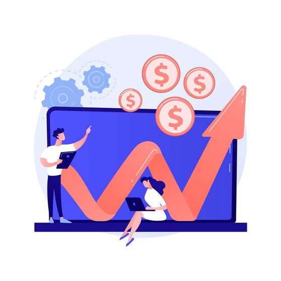 Internet business income. Earning money online. Cartoon character working with laptop. Programmer freelancer. Earning, investment, financial success. Vector isolated concept metaphor illustration
