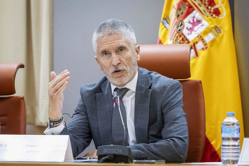 El Ministro del Interior, Fernando Grande-Marlaska, durante la presentación de un paquete de medidas para reducir la siniestralidad vial. POOL MONCLOA